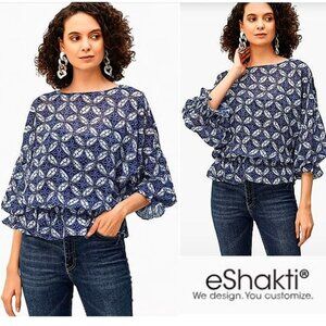 NWOT eShakti blue and white print sheer top